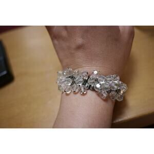 Vtg 30s Art Deco Aurora Borealis Glass Crystal Beads Flex Stretch Cuff Bracelet